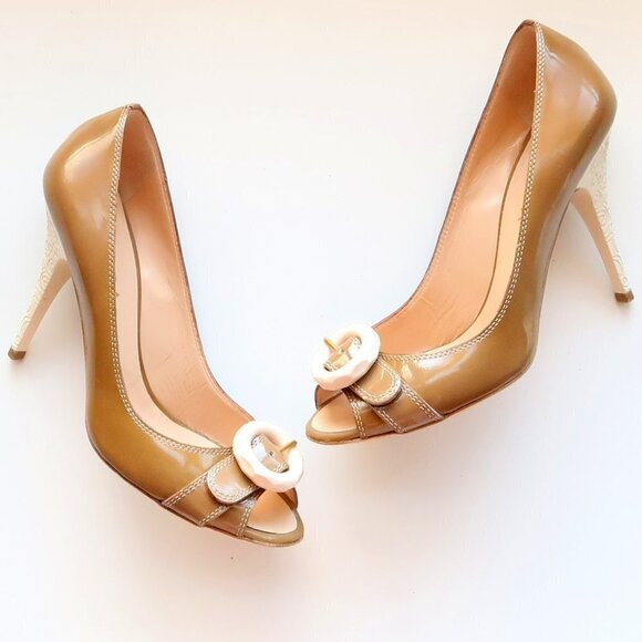 Escada Patent Leather Peep Toe Heels Pumps Designer Formal Dress Shoes Size 8.5 - Picture 2 of 16